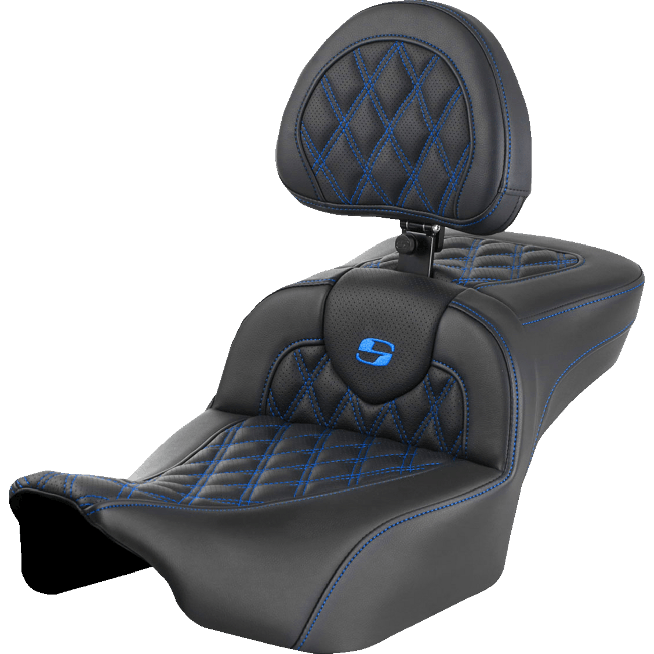 SADDLEMEN Roadsofa™ Extended Reach Seat with Backrest Lattice Stitch Blue Stitch FLTR/FLHX '23-'24