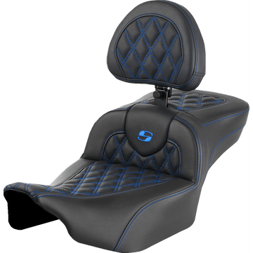 SADDLEMEN Roadsofa™ Extended Reach Seat with Backrest Lattice Stitch Blue Stitch FLTR/FLHX '23-'24