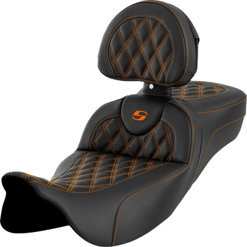 SADDLEMEN Roadsofa™ Extended Reach Seat Lattice Stitch Orange Stitch with Backrest FL '08-'23 A80807R184ORA