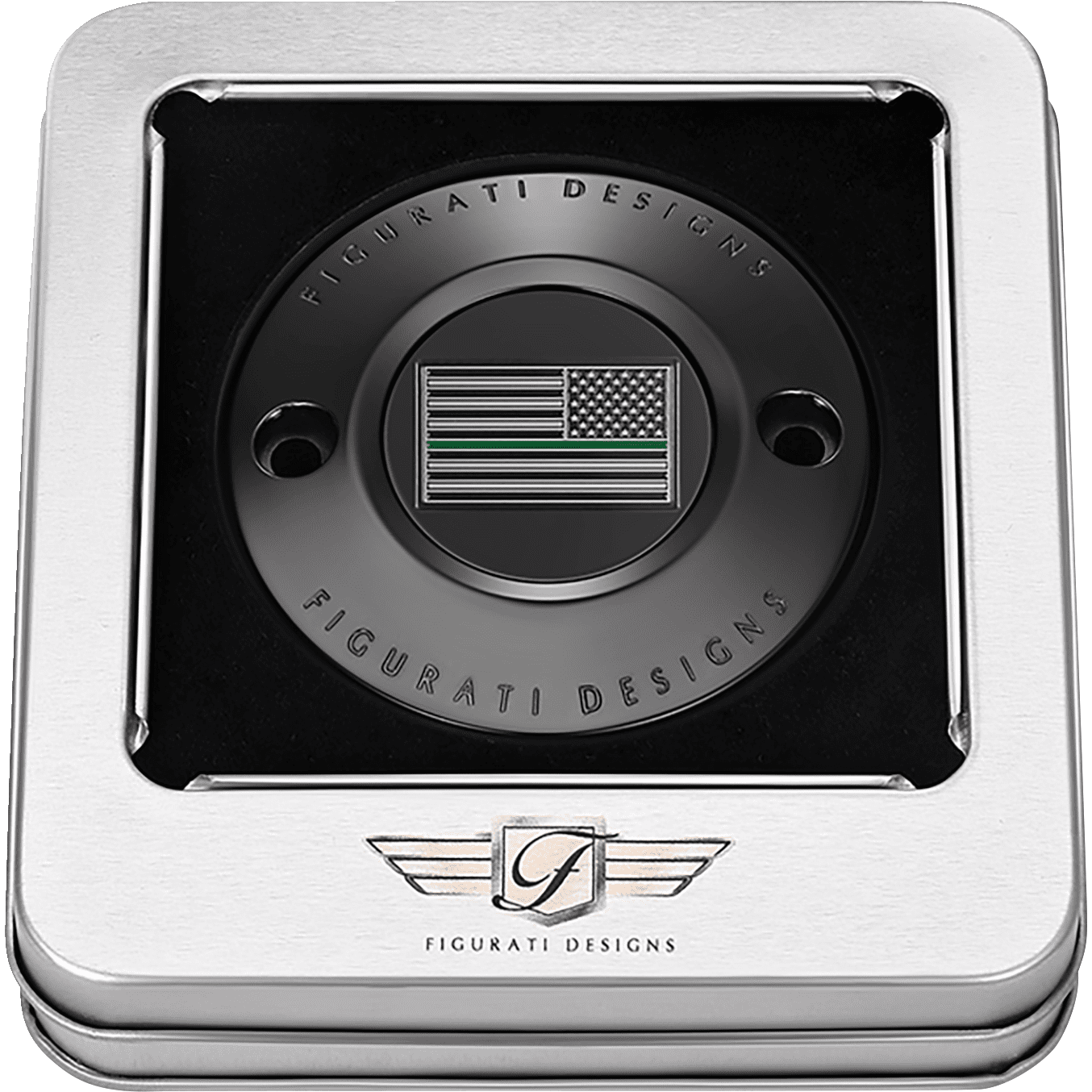 FIGURATI DESIGNS Timing Cover 2 Hole Green Line American Flag Black FD72TC2HBLK