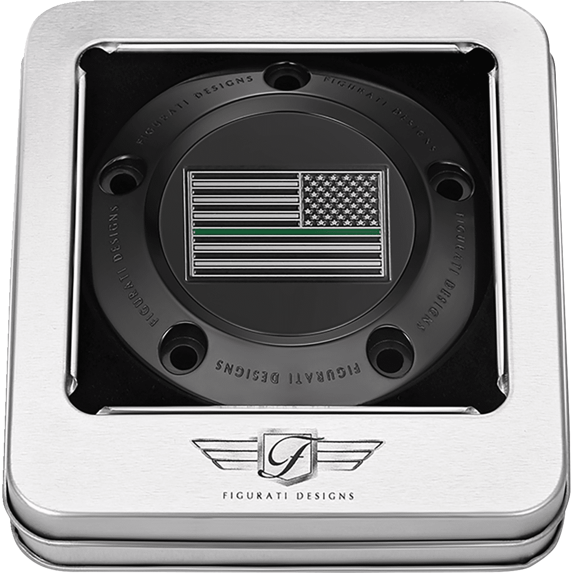 FIGURATI DESIGNS Timing Cover 5 Hole Green Line American Flag Black FD72TC5HBLK