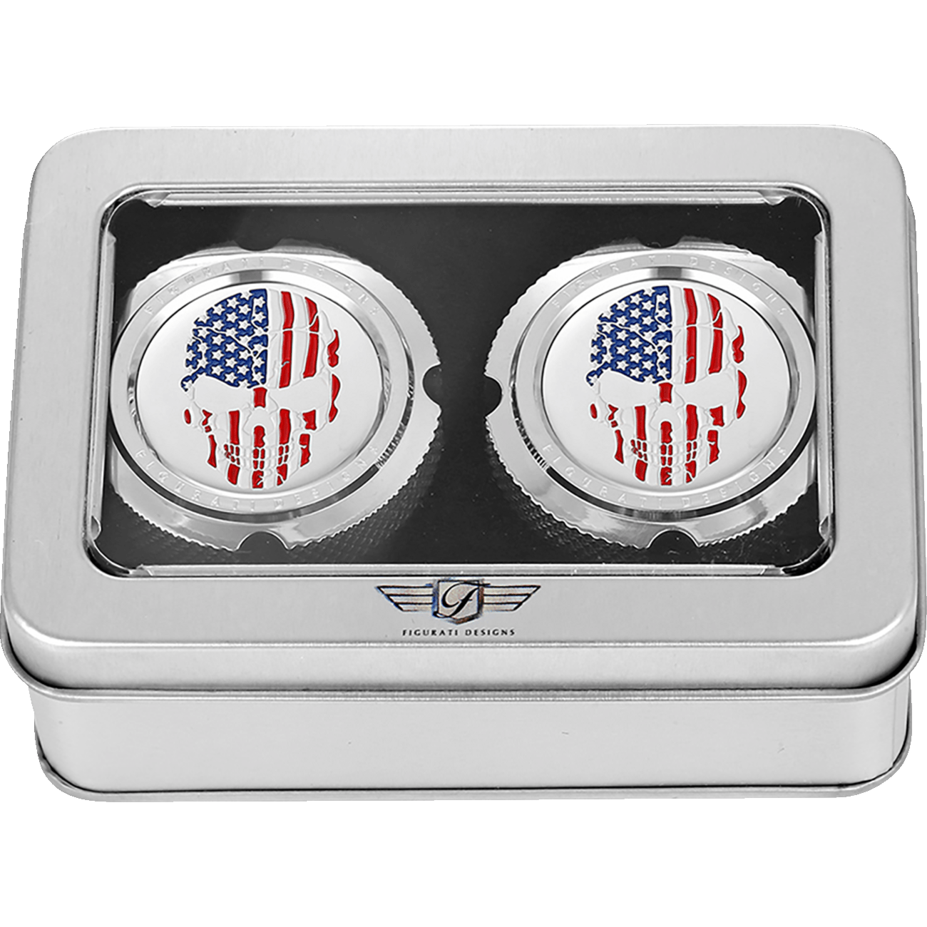 FIGURATI DESIGNS Axle Nut Cover Front Stainless Steel Red/White/Blue Flag Skull Silver FD24FACSS