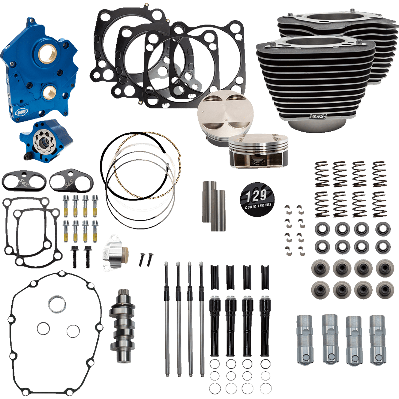 S&S CYCLE 129" Power Package Engine Performance Kit Chain Drive Oil Cooled Highlighted Fins M8