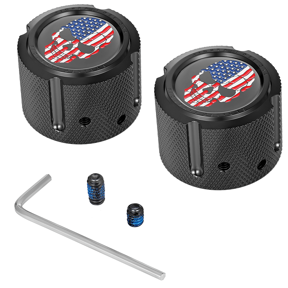 FIGURATI DESIGNS Axle Nut Cover Front Stainless Steel Red/White/Blue Flag Skull Black FD25FACBK