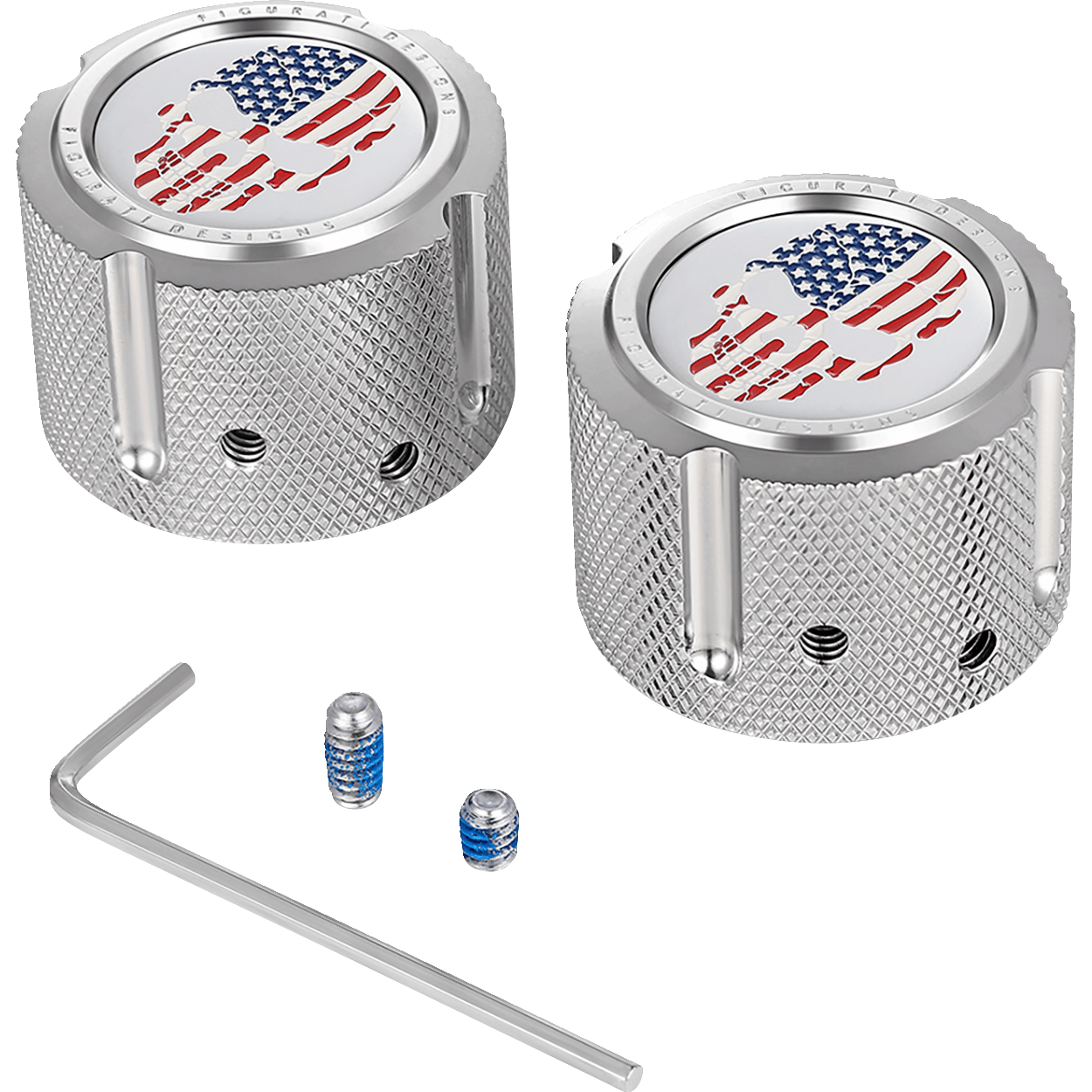 FIGURATI DESIGNS Axle Nut Cover Front Stainless Steel Red/White/Blue Flag Skull Silver FD24FACSS