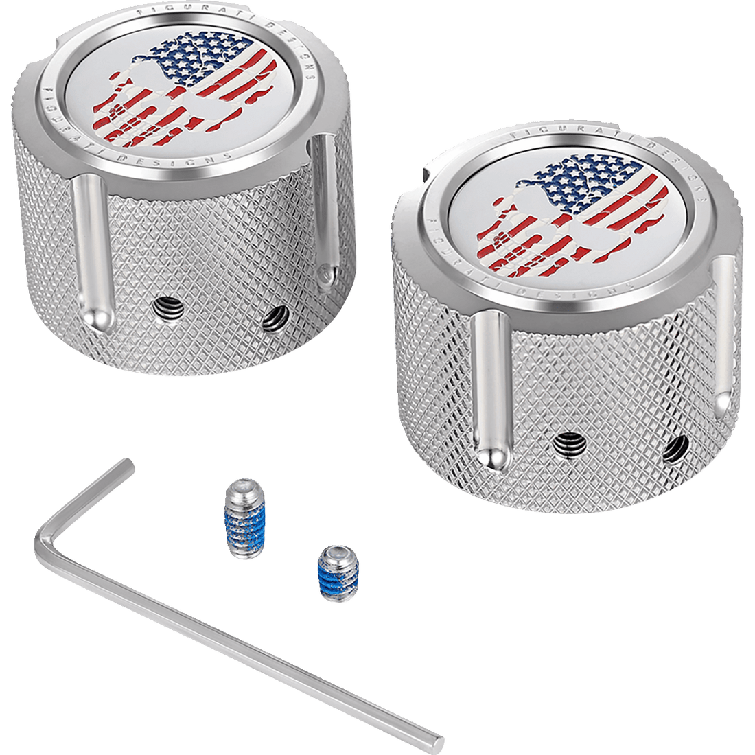 FIGURATI DESIGNS Axle Nut Cover Front Stainless Steel Red/White/Blue Flag Skull Silver FD24FACSS