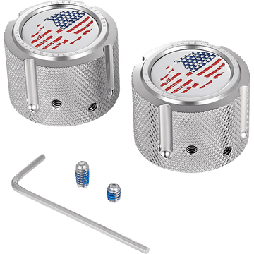 FIGURATI DESIGNS Axle Nut Cover Front Stainless Steel Red/White/Blue Flag Skull Silver FD24FACSS