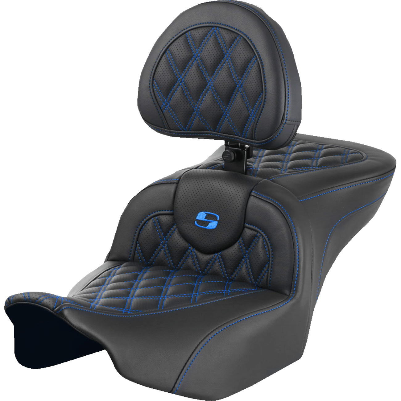 SADDLEMEN RoadSofa™ Seat with Backrest Lattice Stitch Blue Stitch FLTR/FLHX '23-'24