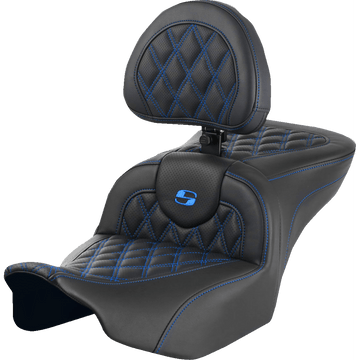 SADDLEMEN RoadSofa™ Seat with Backrest Lattice Stitch Blue Stitch FLTR/FLHX '23-'24