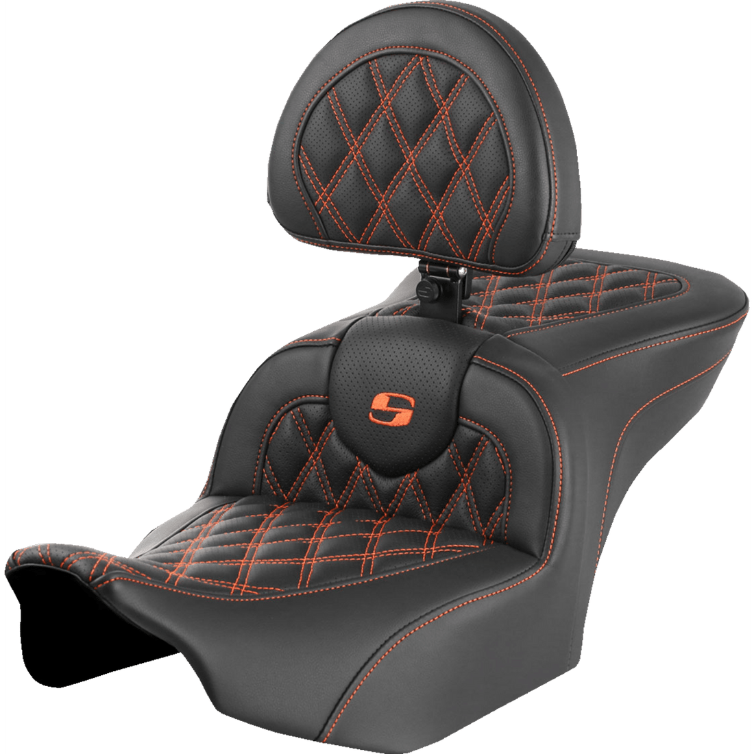 SADDLEMEN RoadSofa™ Seat with Backrest Lattice Stitch Orange Stitch FLTR/FLHX '23-'24