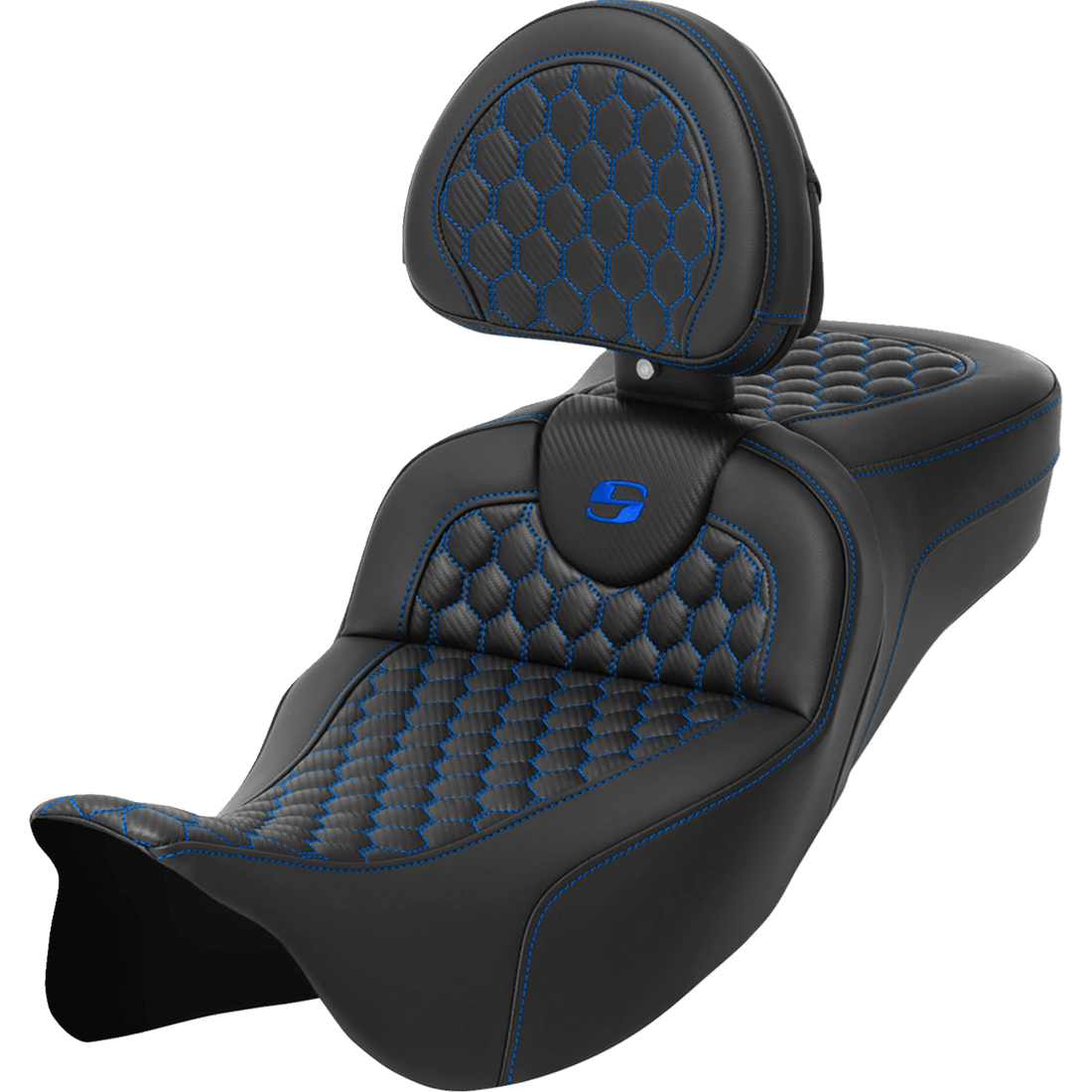 SADDLEMEN RoadSofa™ Seat Honeycomb Blue Stitch with Backrest Extended Reach LH/FLT '08-'23 A80807R190BLU