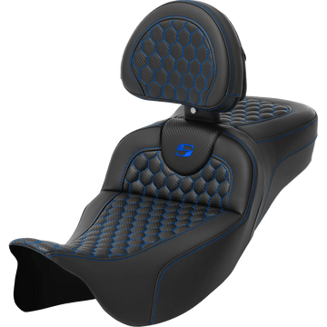 SADDLEMEN RoadSofa™ Seat Honeycomb Blue Stitch with Backrest Extended Reach LH/FLT '08-'23 A80807R190BLU