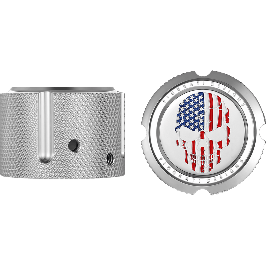 FIGURATI DESIGNS Axle Nut Cover Front Stainless Steel Red/White/Blue Flag Skull Silver FD24FACSS