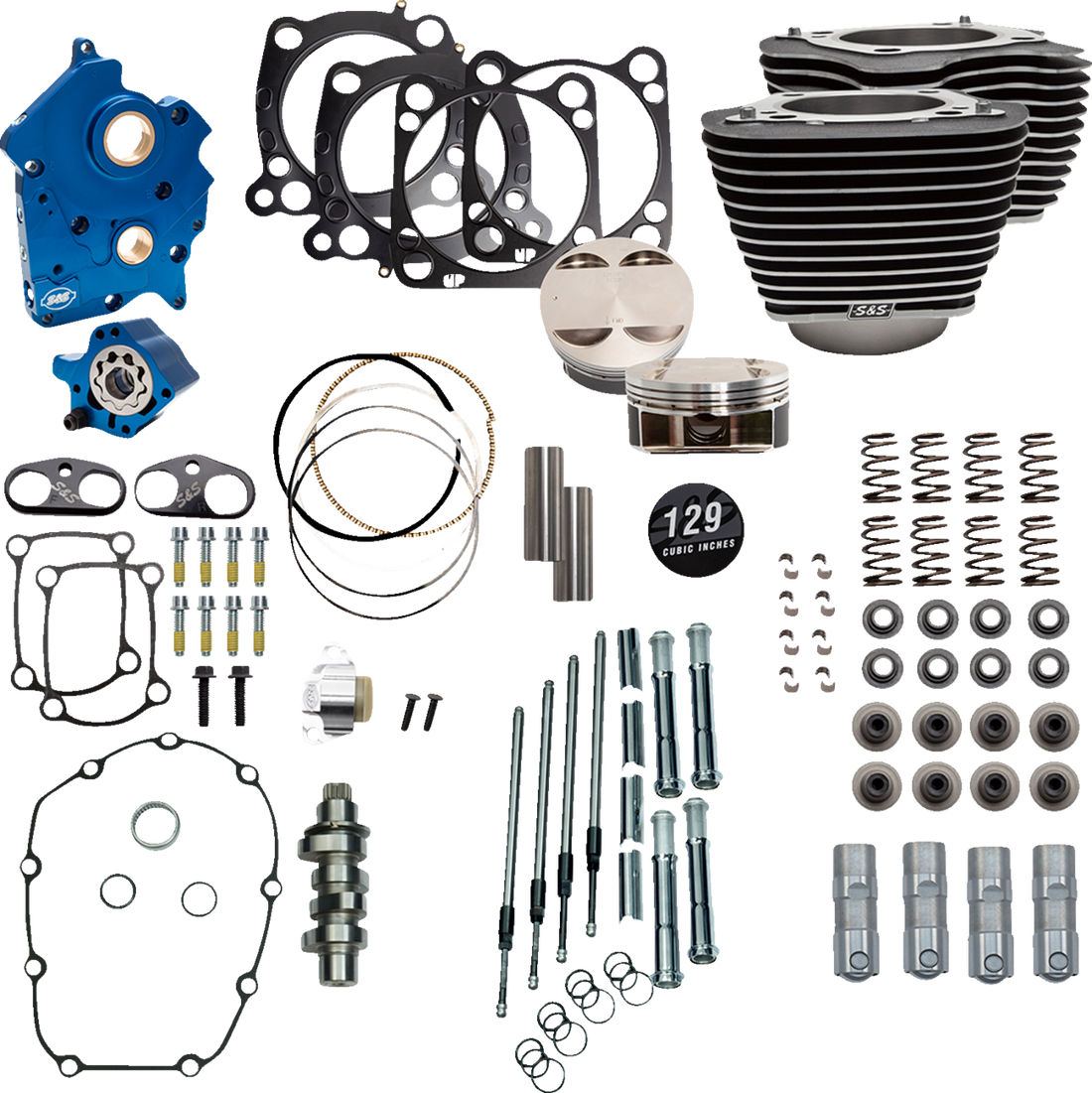 S&S CYCLE 129" Power Package Engine Performance Kit Chain Drive Oil Cooled Highlighted Fins M8