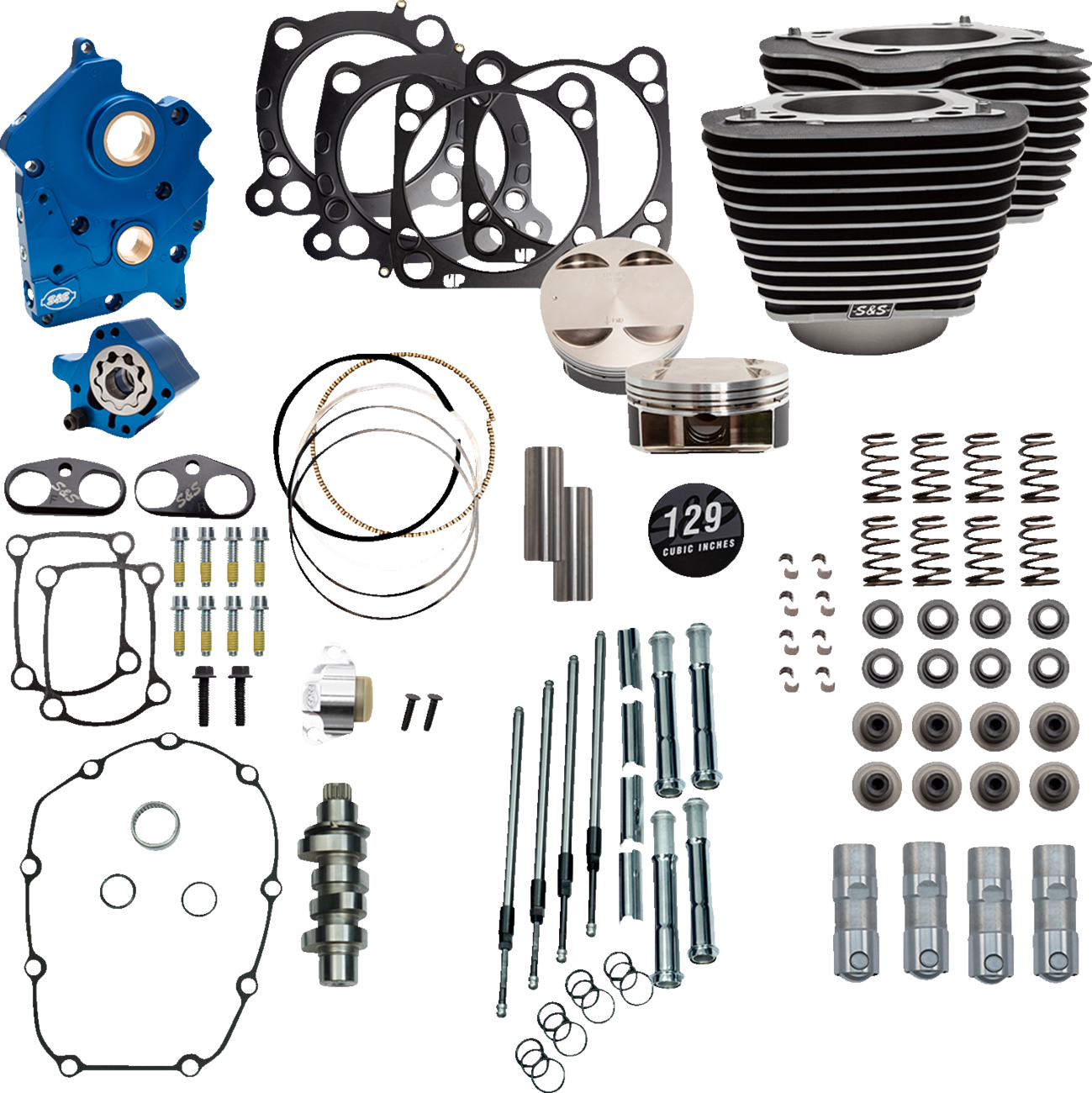 S&S CYCLE 129" Power Package Engine Performance Kit Chain Drive Oil Cooled Highlighted Fins M8