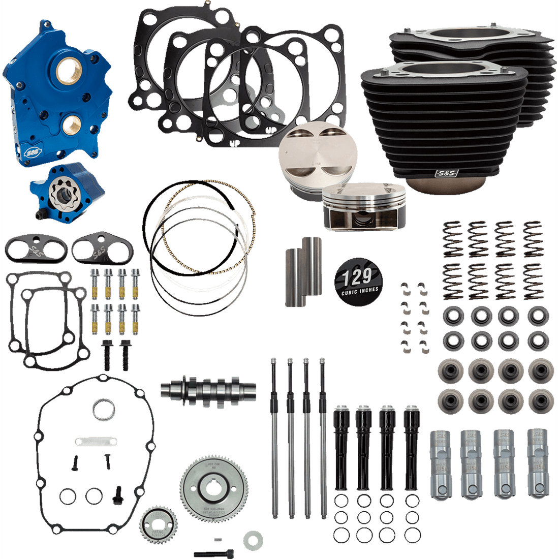 S&S CYCLE 129" Power Package Engine Performance Kit Gear Drive Oil Cooled Non-Highlighted Fins M8