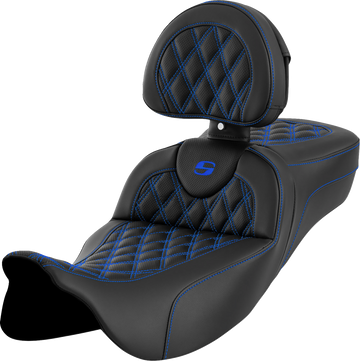 SADDLEMEN Roadsofa™ Extended Reach Seat Lattice Stitch Blue Stitch with Backrest FL '08-'23 A80807R184BLU