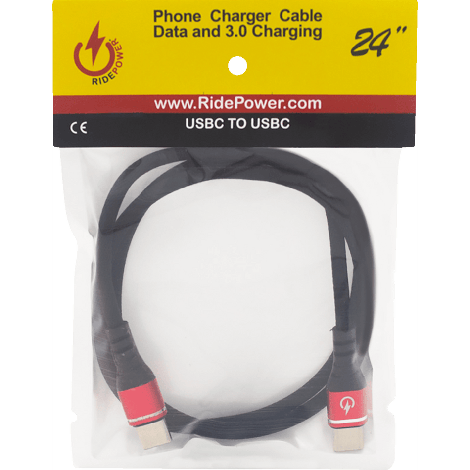 RidePower Male USB-C to Male USB-C Cable Phone Fast/Charger 24" Black/Red