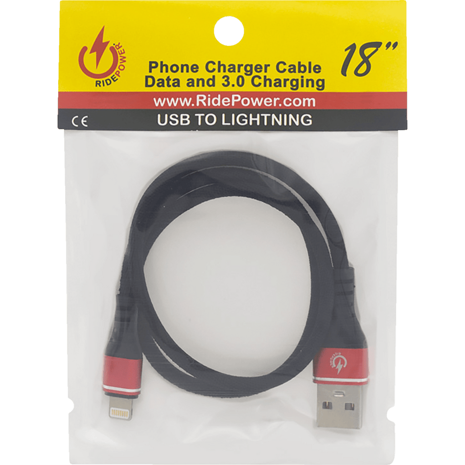 RidePower Male USB to Male Lightning Cable Phone Charger 18" Black/Red