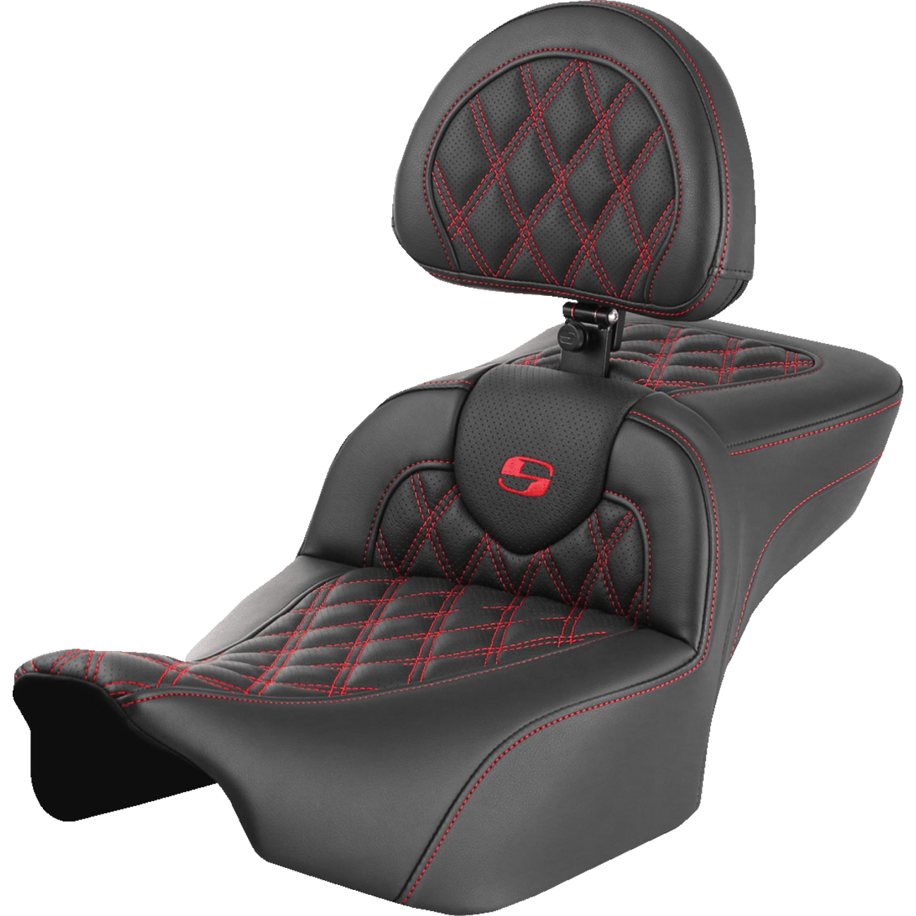 SADDLEMEN Roadsofa™ Extended Reach Seat with Backrest Lattice Stitch Red Stitch FLTR/FLHX '23-'24