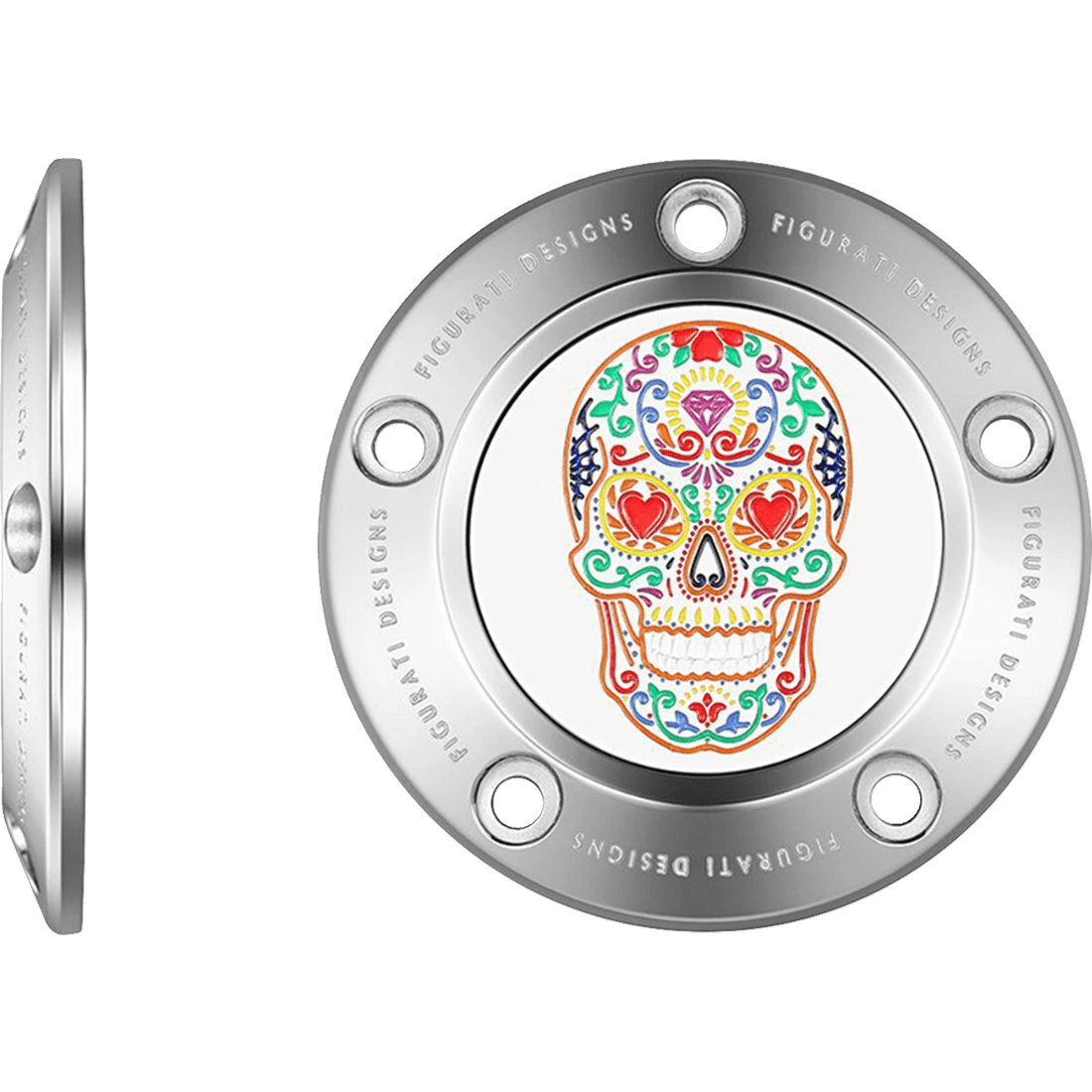 FIGURATI DESIGNS Timing Cover 5 Hole Sugar Skull Mirror Polished Stainless Steel FD30TC5HSS