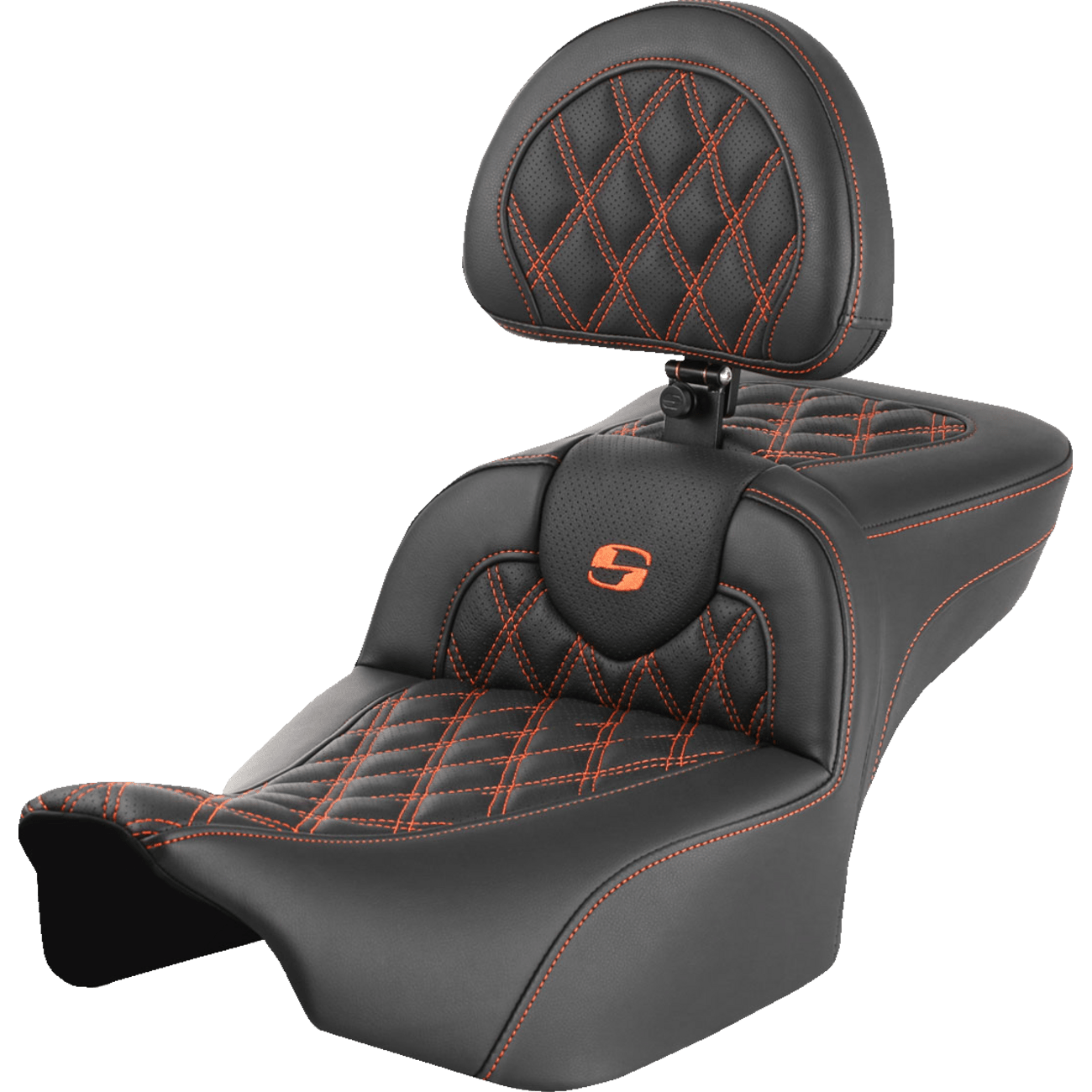 SADDLEMEN Roadsofa™ Extended Reach Seat with Backrest Lattice Stitch Orange Stitch FLTR/FLHX '23-'24