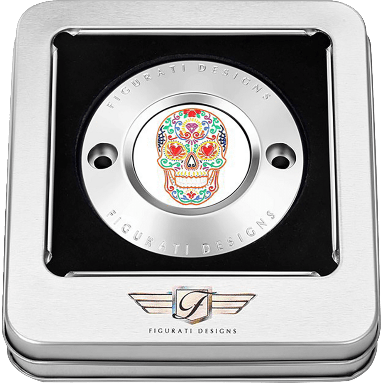 FIGURATI DESIGNS Timing Cover 2 Hole Sugar Skull Mirror Polished Stainless Steel FD30TC2HSS