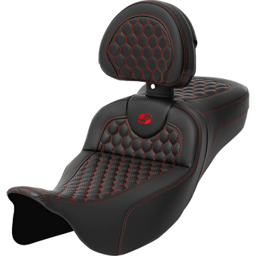 SADDLEMEN RoadSofa™ Seat Honeycomb Red Stitch with Backrest Extended Reach FLH/FLT '08-'23 A80807R190RED