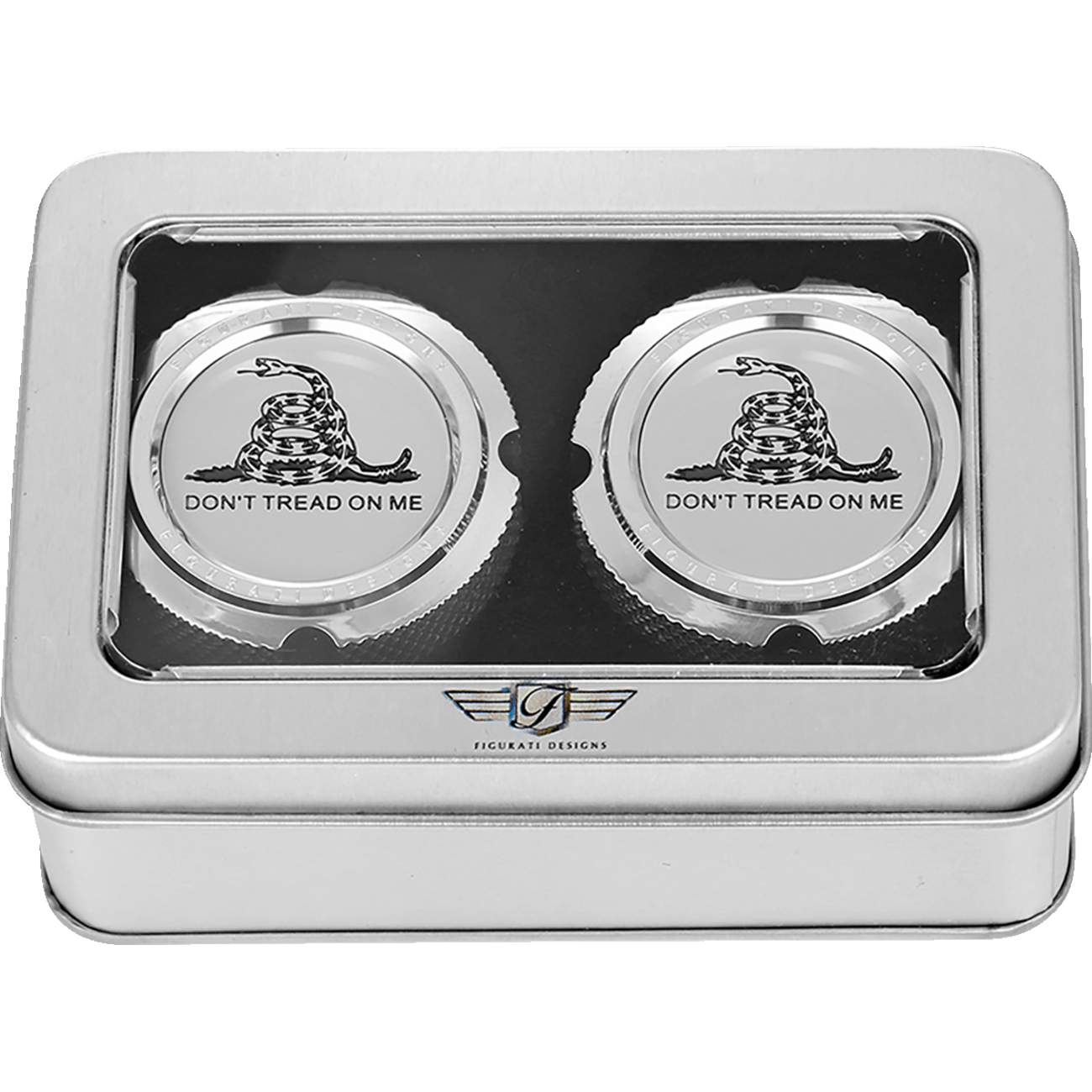 FIGURATI DESIGNS Axle Nut Cover Front Stainless Steel Don't Tread On Me Silver FD40FACSS