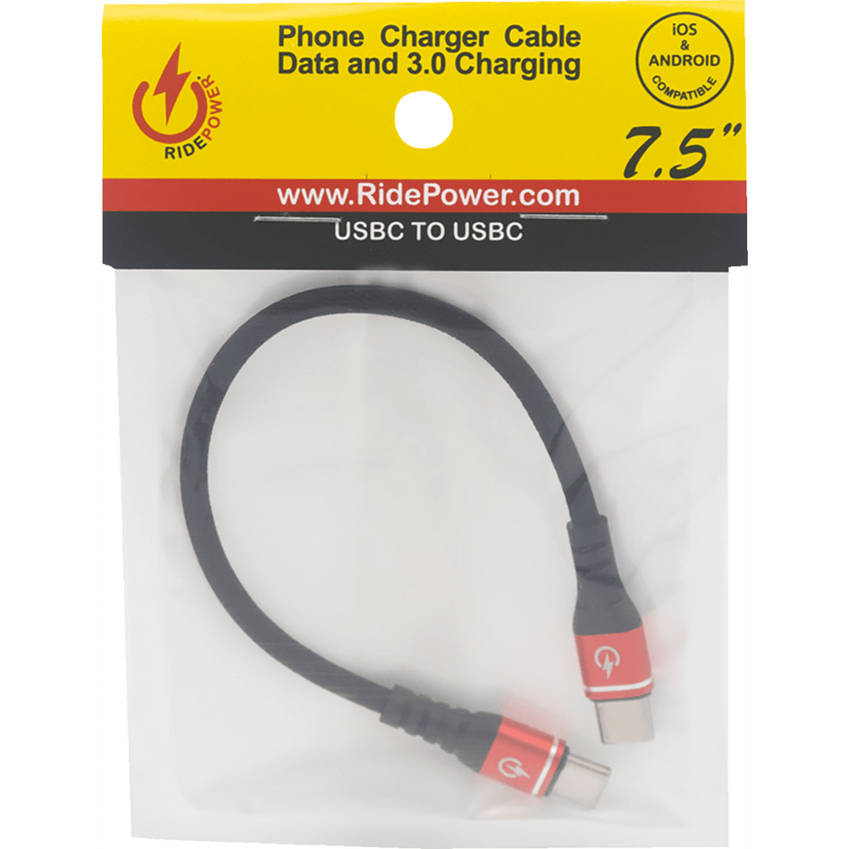 RidePower Male USB-C to Male USB-C Cable Phone Charger Heavy-Duty 7-1/2" Black/Red