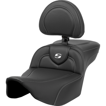 SADDLEMEN Roadsofa™ Extended Reach Seat Carbon Fiber Silver Stitch/Silver Logo w/ Backrest FL '23-'24 82307186BR