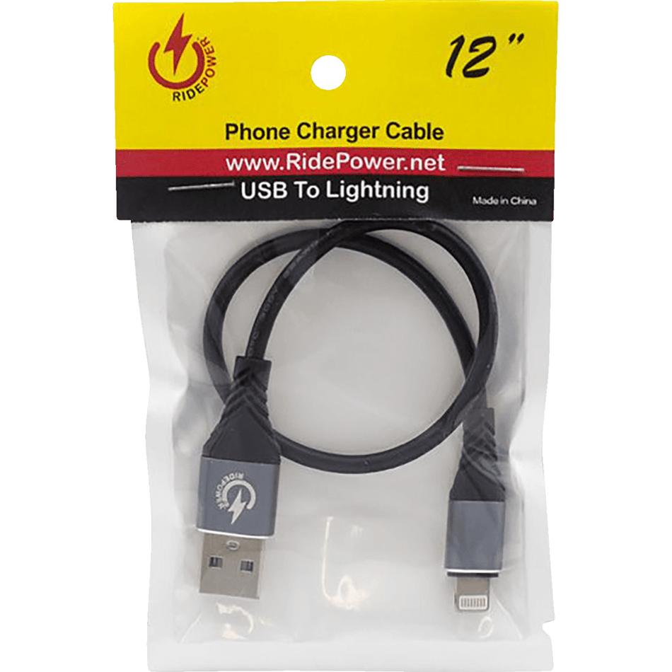 RidePower Male USB to Male Lightning Cable Phone Charger 12" Black/Gray