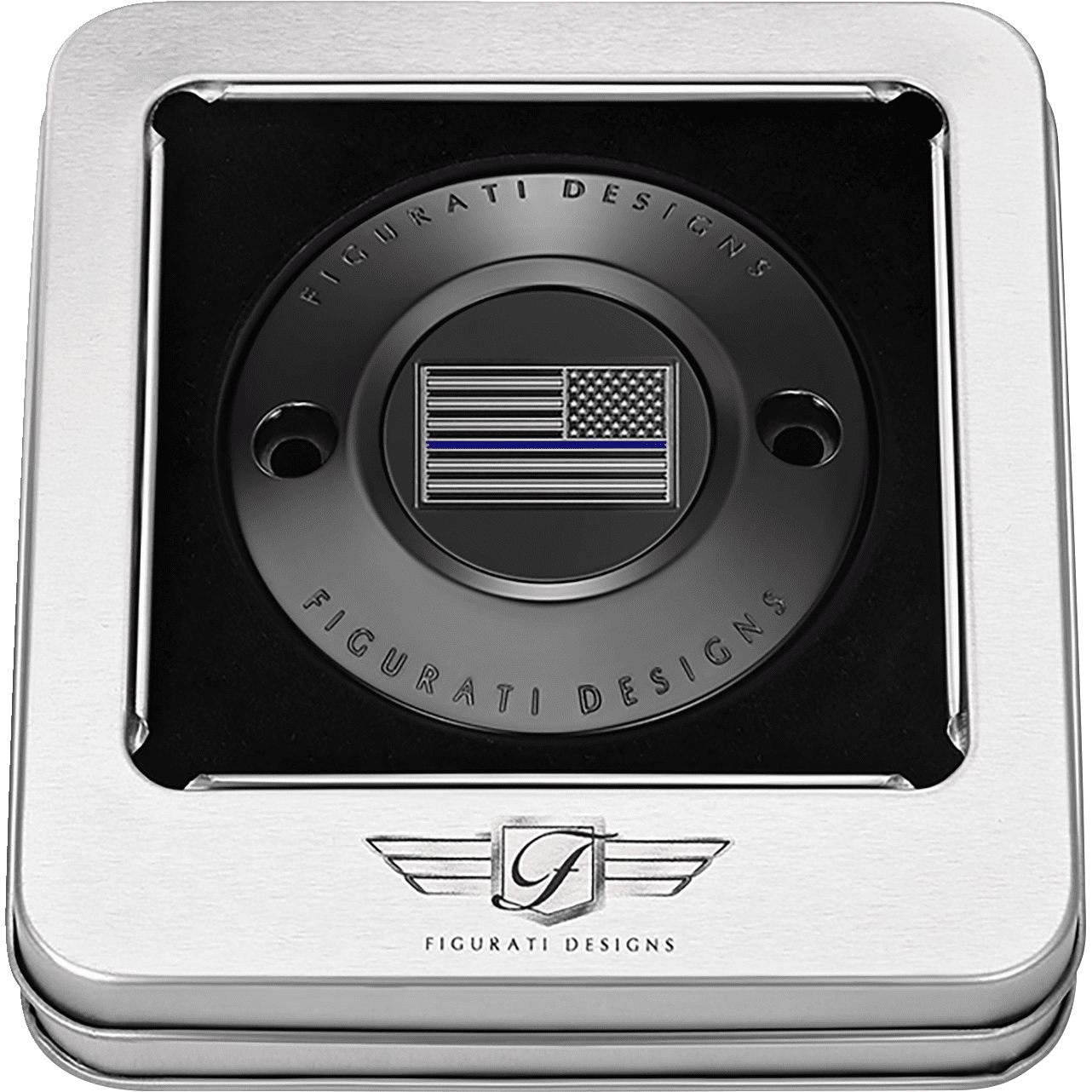 FIGURATI DESIGNS Timing Cover 2 Hole Blue Line American Flag Black FD71TC2HBLK