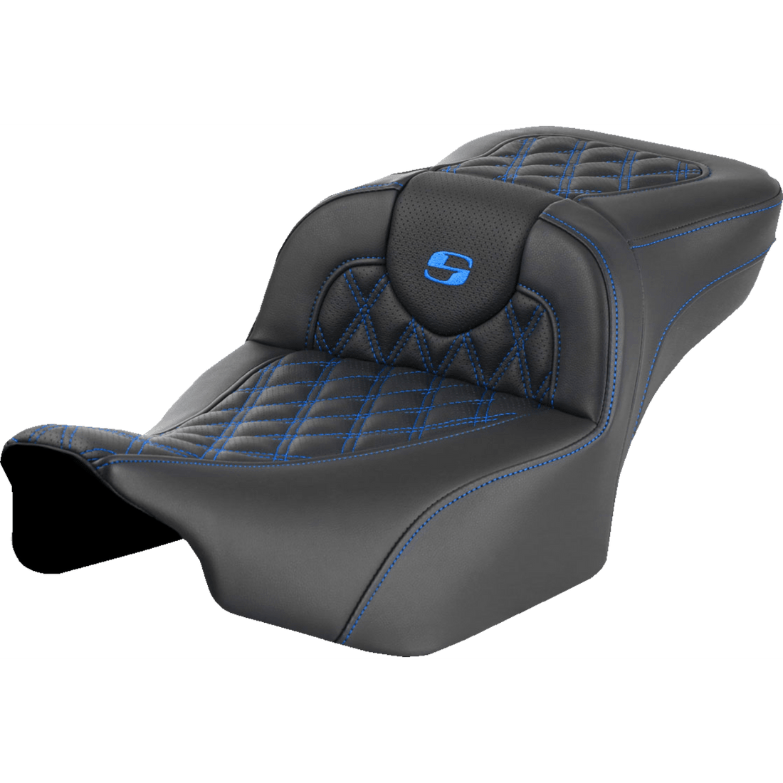 SADDLEMEN Roadsofa™ Extended Reach Seat without Backrest Lattice Stitch Blue Stitch FLTR/FLHX '23-'24