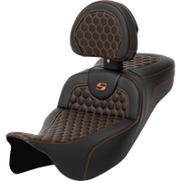 SADDLEMEN RoadSofa™ Seat Honeycomb Orange Stitch with Backrest Extended Reach FLH/FLT '08-'23 A80807R190ORA