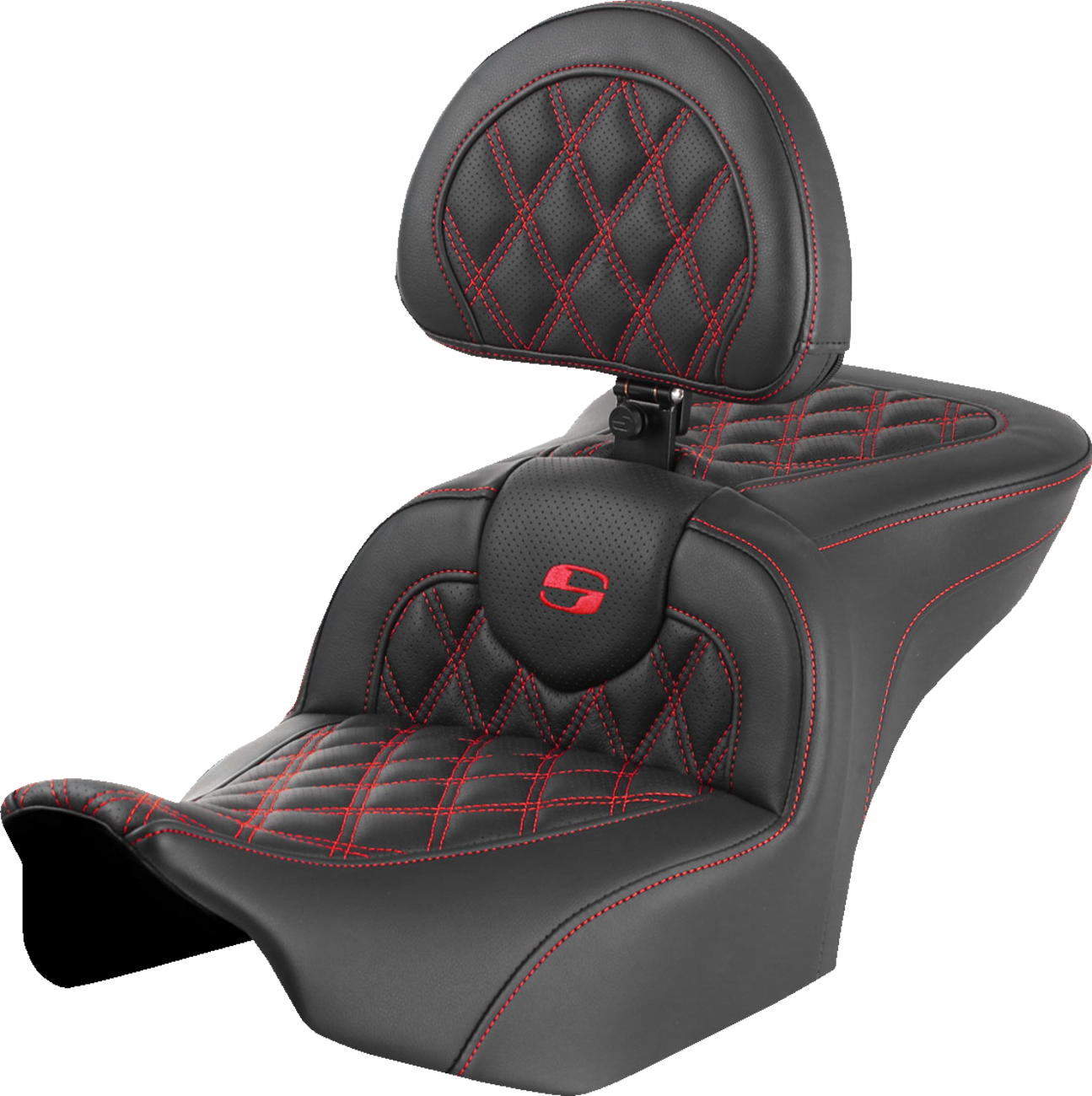 SADDLEMEN RoadSofa™ Seat with Backrest Lattice Stitch Red Stitch FLTR/FLHX '23-'24