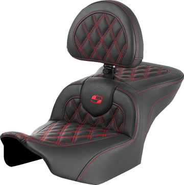 SADDLEMEN RoadSofa™ Seat with Backrest Lattice Stitch Red Stitch FLTR/FLHX '23-'24