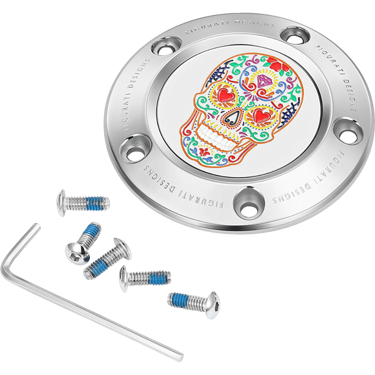 FIGURATI DESIGNS Timing Cover 5 Hole Sugar Skull Mirror Polished Stainless Steel FD30TC5HSS