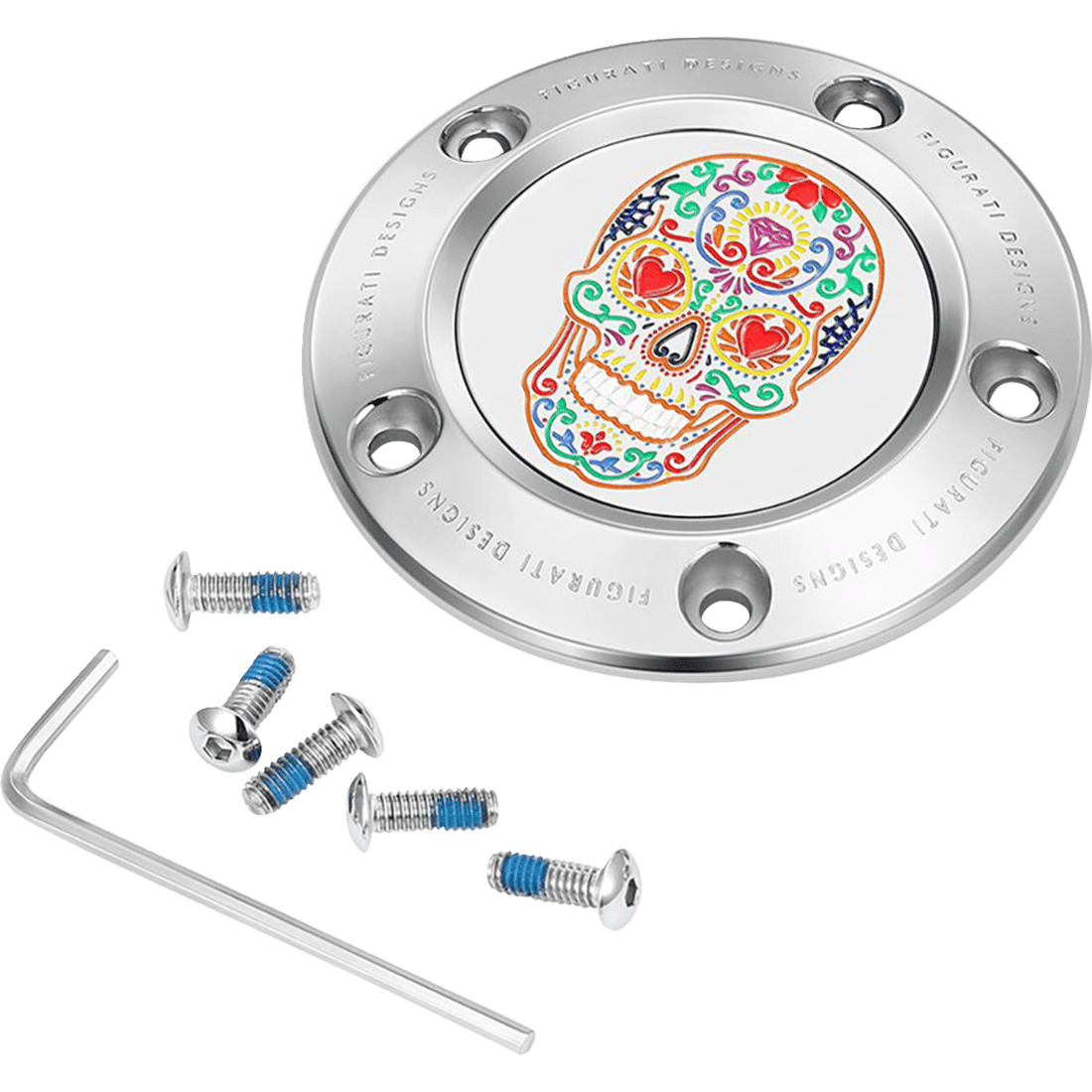 FIGURATI DESIGNS Timing Cover 5 Hole Sugar Skull Mirror Polished Stainless Steel FD30TC5HSS