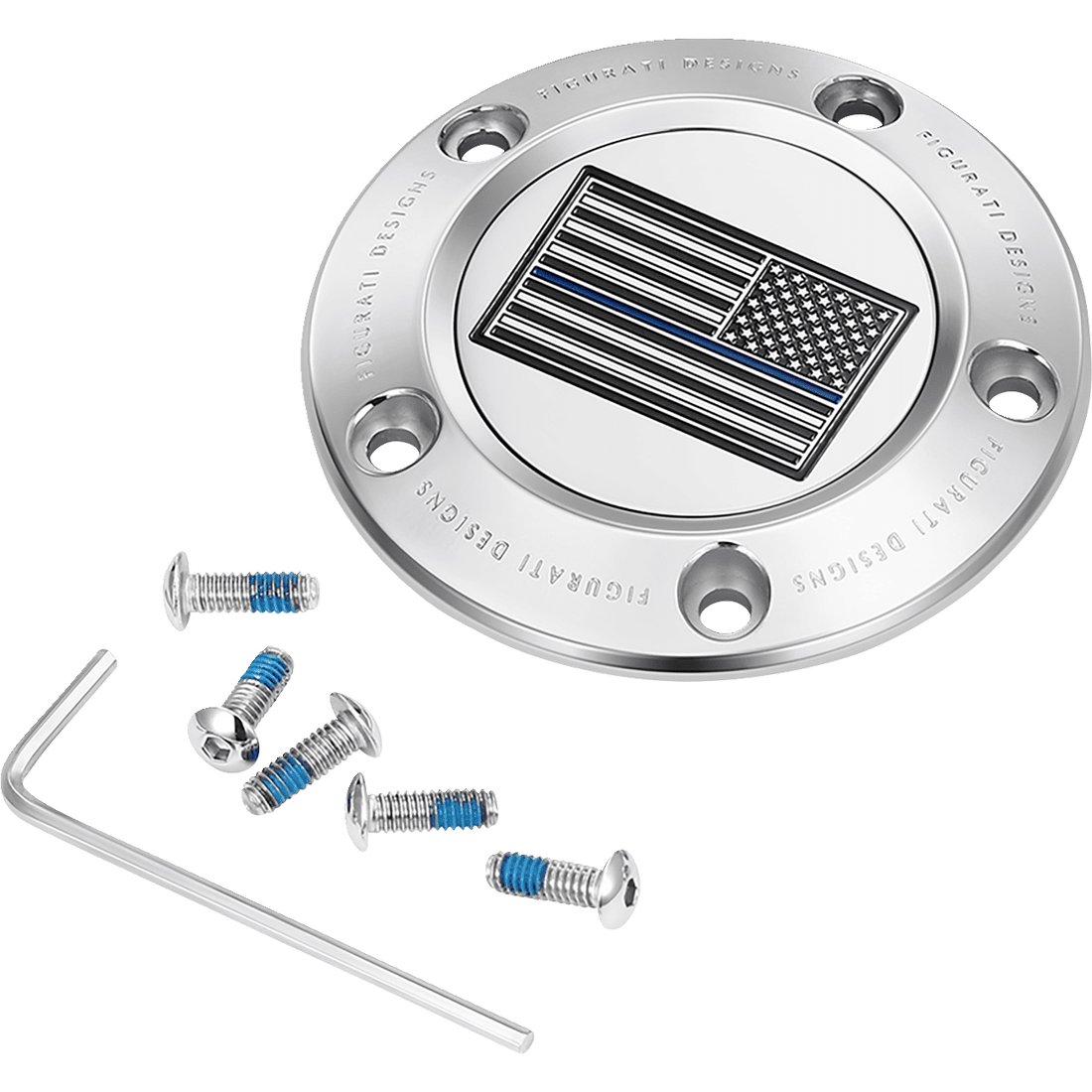 FIGURATI DESIGNS Timing Cover 5 Hole Blue Line American Flag Stainless Steel FD70TC5HSS